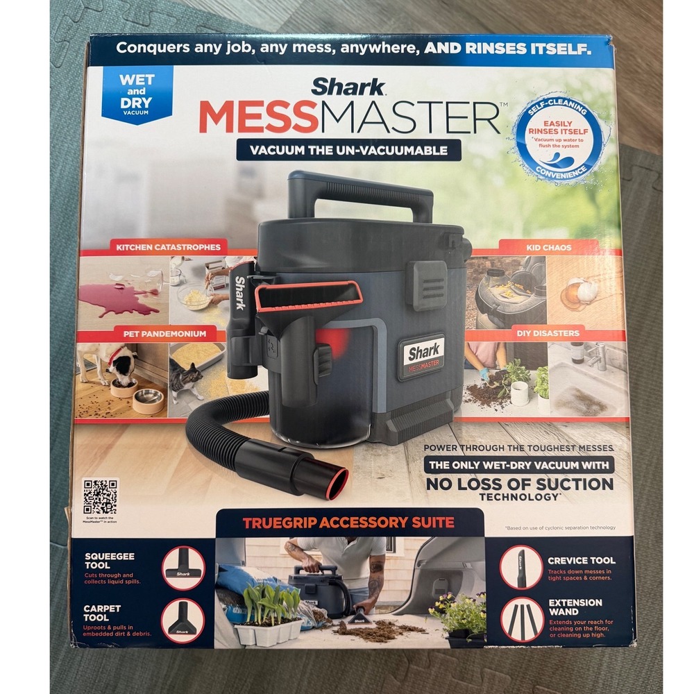 Shark MessMaster Portable Wet Dry Vacuum AnyBag Self Cleaning VS101 Black Blue